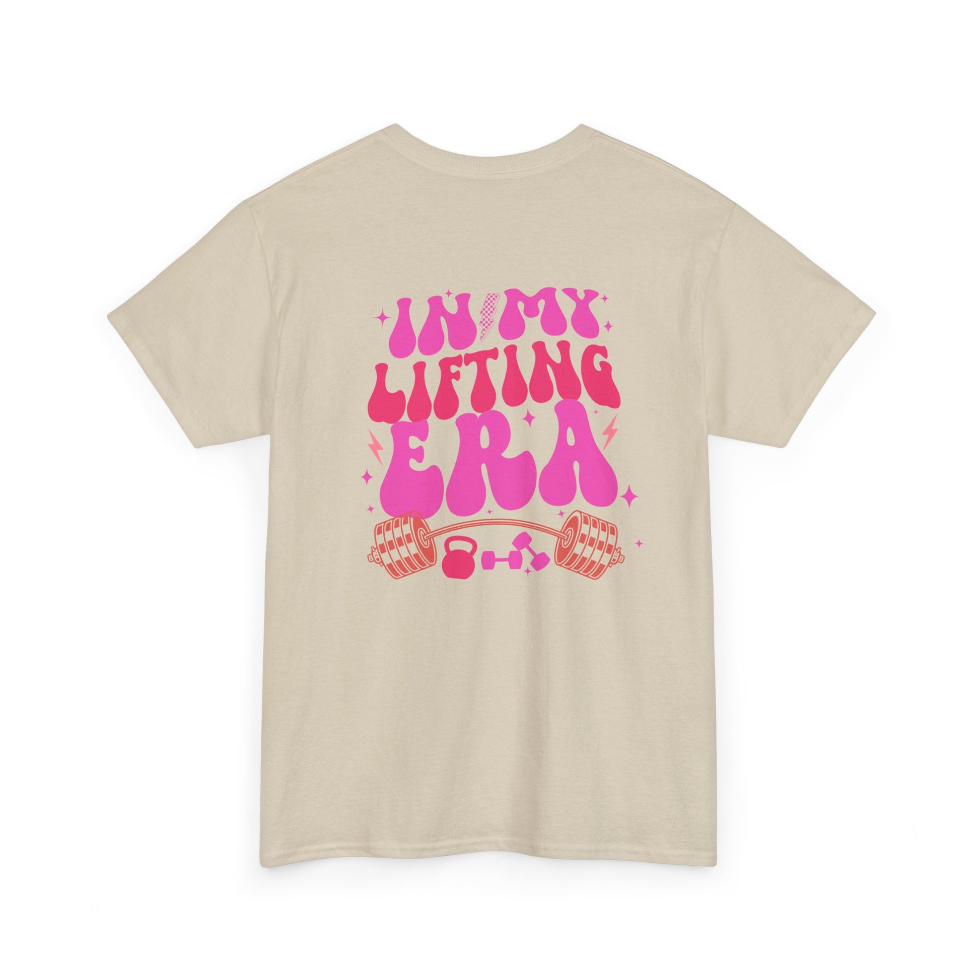 A sand t-shirt with a retro smiley face on the front and the phrase “In my lifting Era” in a creative retro design on the back.