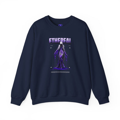 A navy blue sweater with a glowing purple ethereal ghostly figure in a robe, surrounded by mystic violet liquid and "Ethereal" text.
