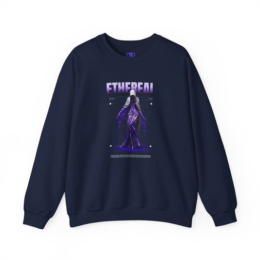 A navy blue sweater with a glowing purple ethereal ghostly figure in a robe, surrounded by mystic violet liquid and "Ethereal" text.