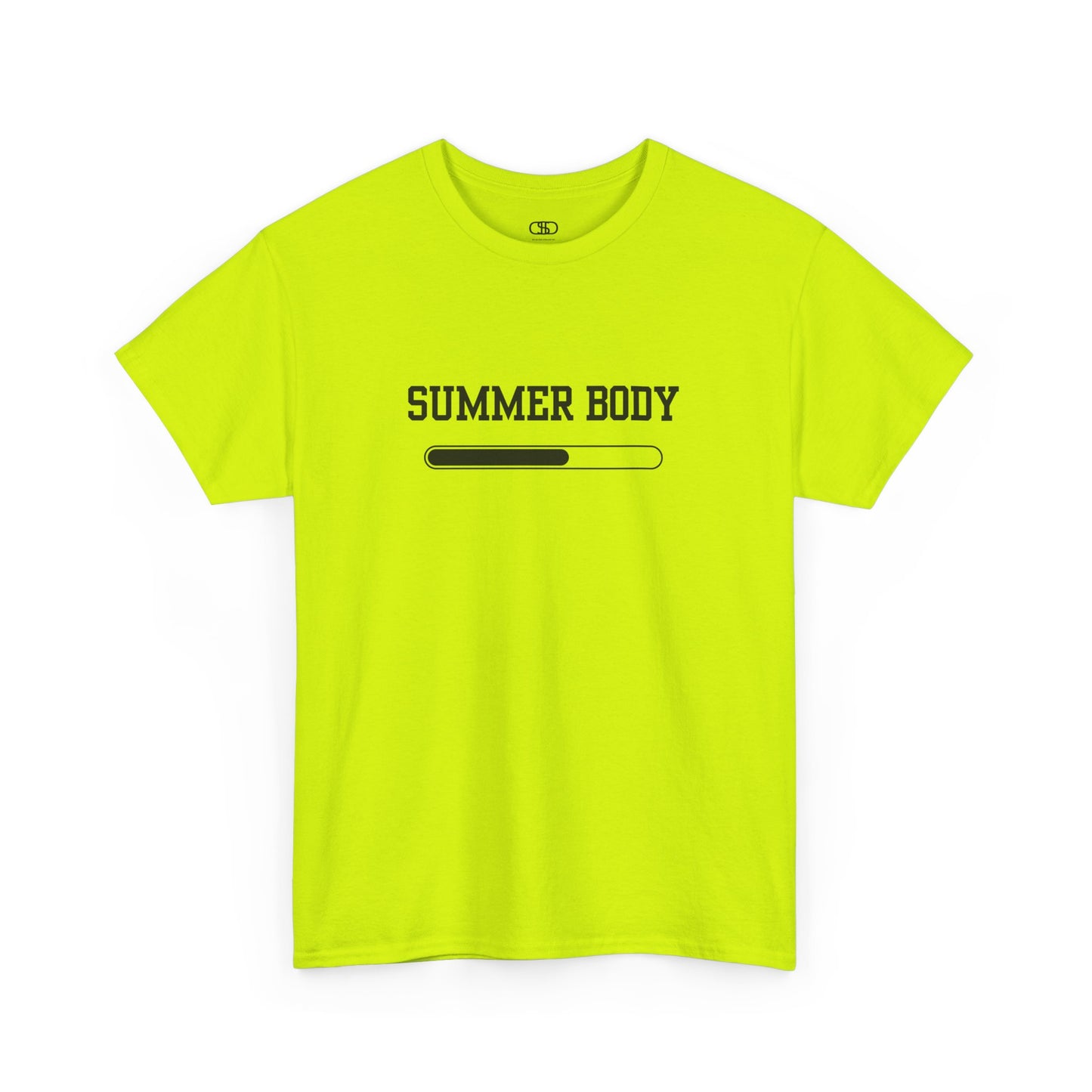 A safety green t-shirt with a loading bar and “Summer Body” on the front and “I left my summer body at home I prefer not to show off” on the back.