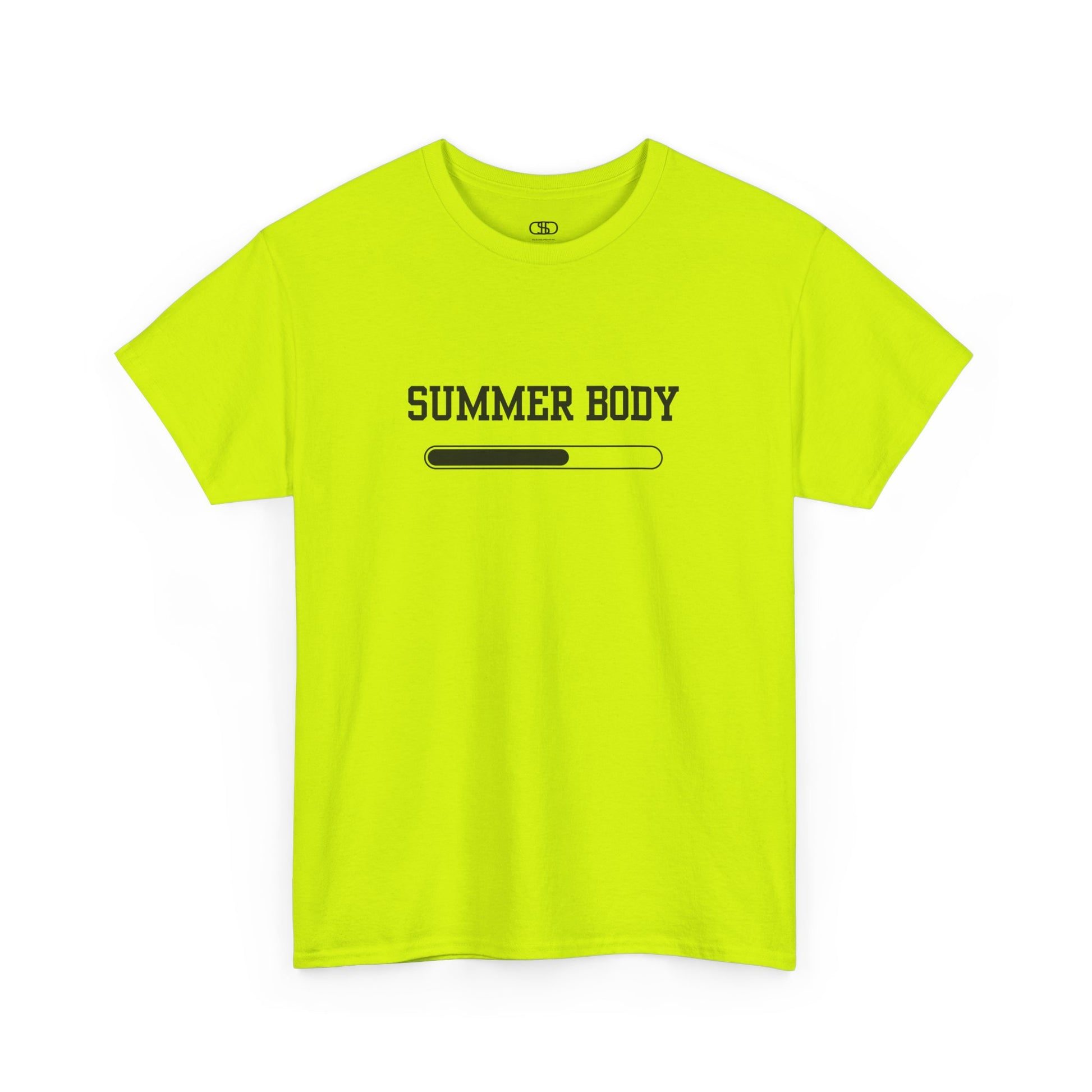 A safety green t-shirt with a loading bar and “Summer Body” on the front and “I left my summer body at home I prefer not to show off” on the back.