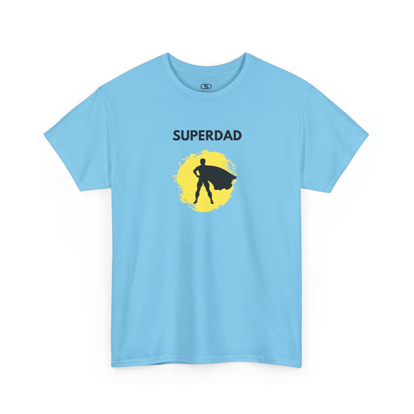 A Sky Blue T-shirt with a "Superdad" text and a silhouette of a person with a cape on a yellow circle background.