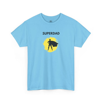 A Sky Blue T-shirt with a "Superdad" text and a silhouette of a person with a cape on a yellow circle background.