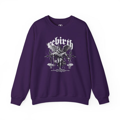 A Purple Sweater featuring an Angel carrying a figure with "Rebirth" text, white and black gothic spiritual art apparel.