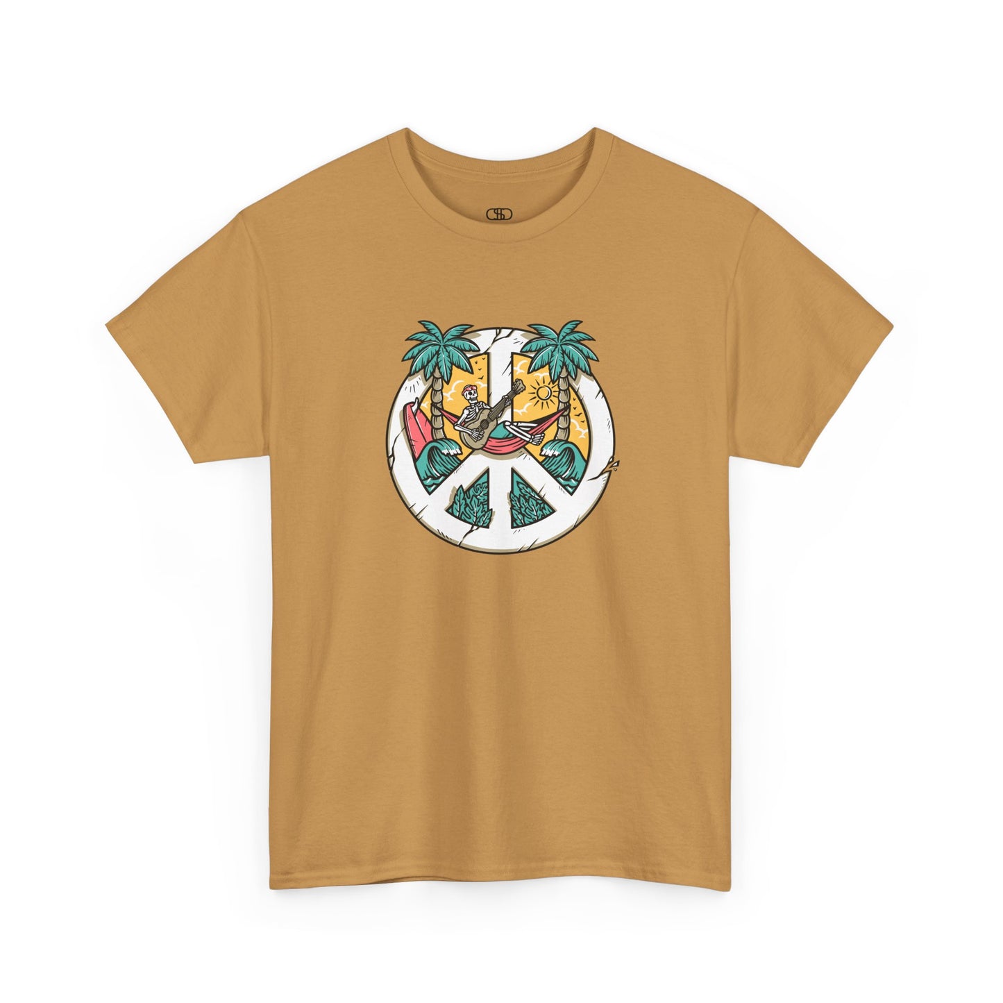 T-shirt showing a skeleton with a peace sign head, lying in a hammock playing a guitar between two palm trees with waves in the background.
