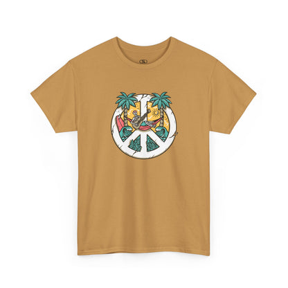 T-shirt showing a skeleton with a peace sign head, lying in a hammock playing a guitar between two palm trees with waves in the background.
