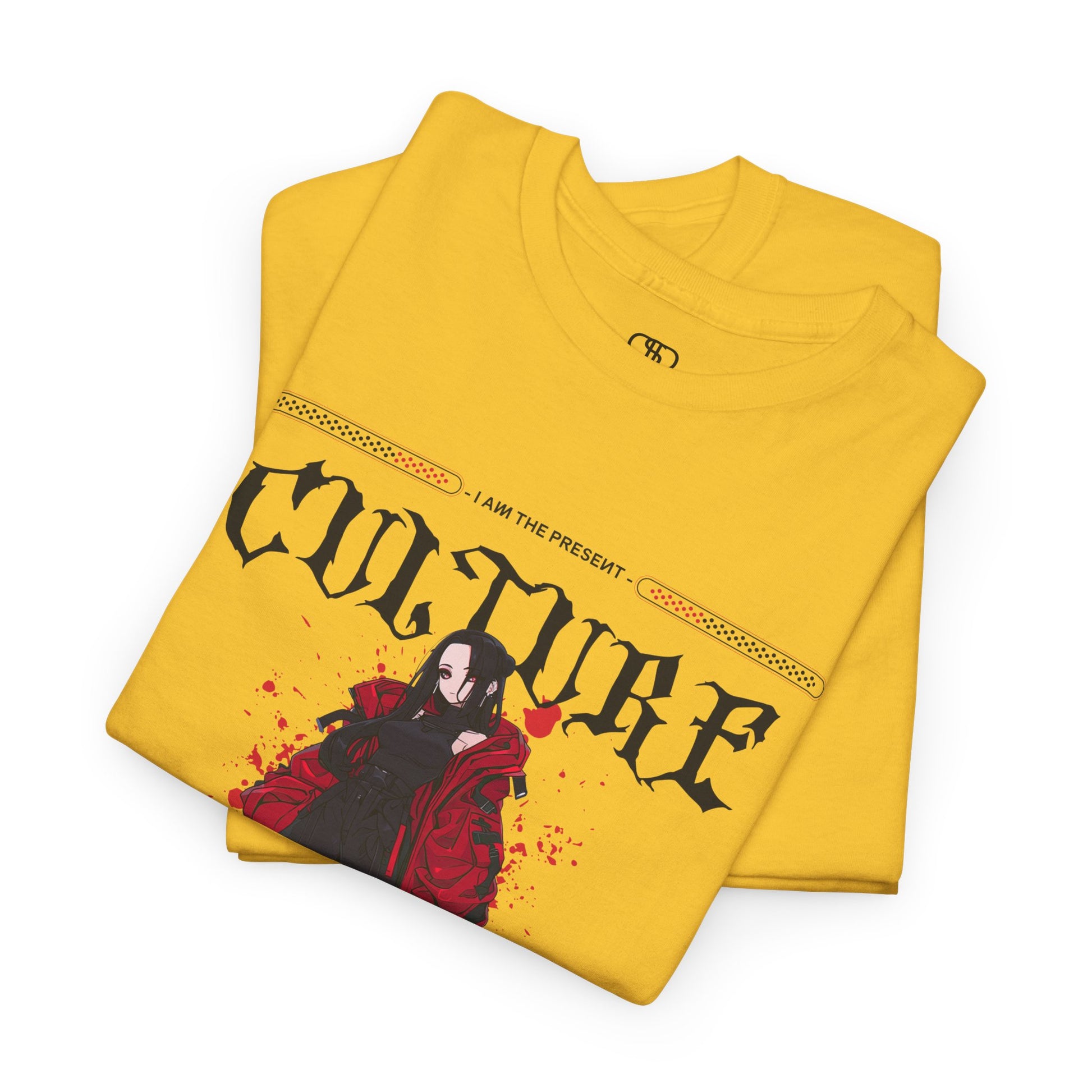 A folded daisy yellow T-shirt with a futuristic female anime character, "I Am The Present" and "Culture" text, and an inspirational memo.