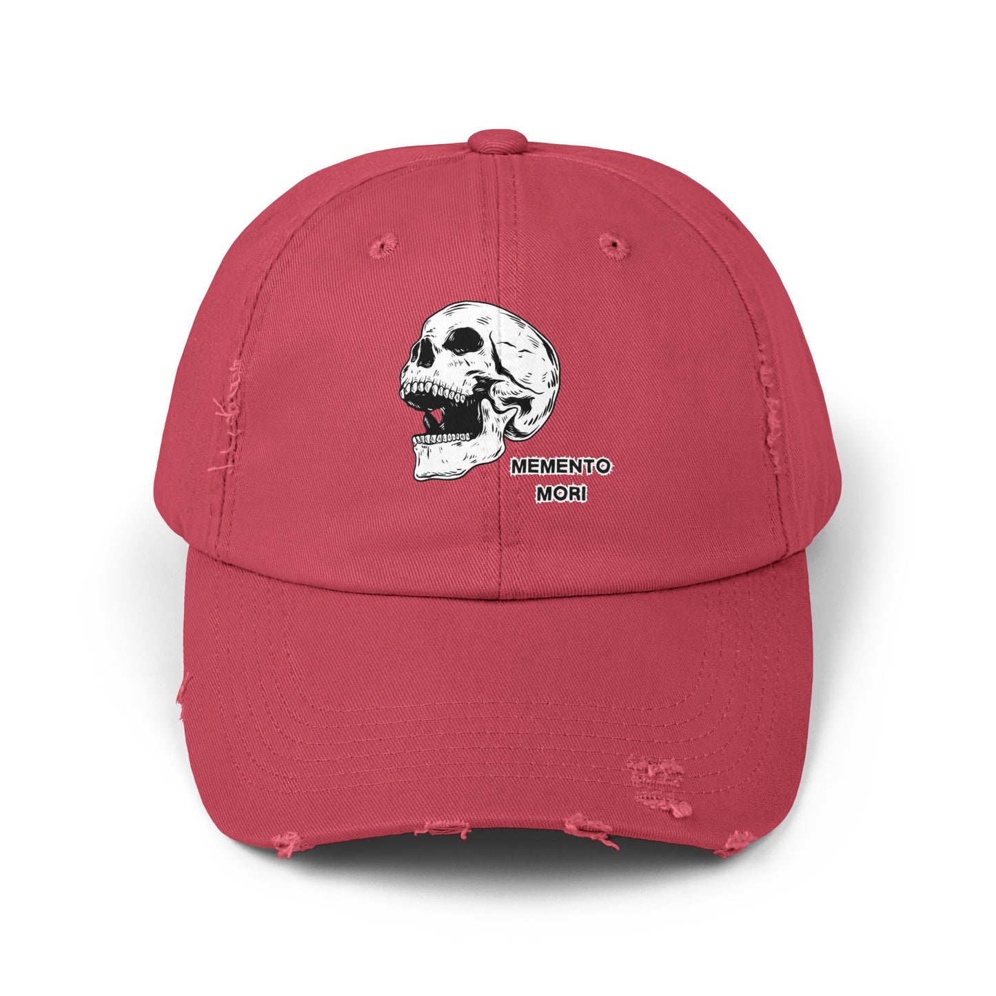 Memento Mori Distressed Hat – Skull Embroidered Cap with Gothic Flair