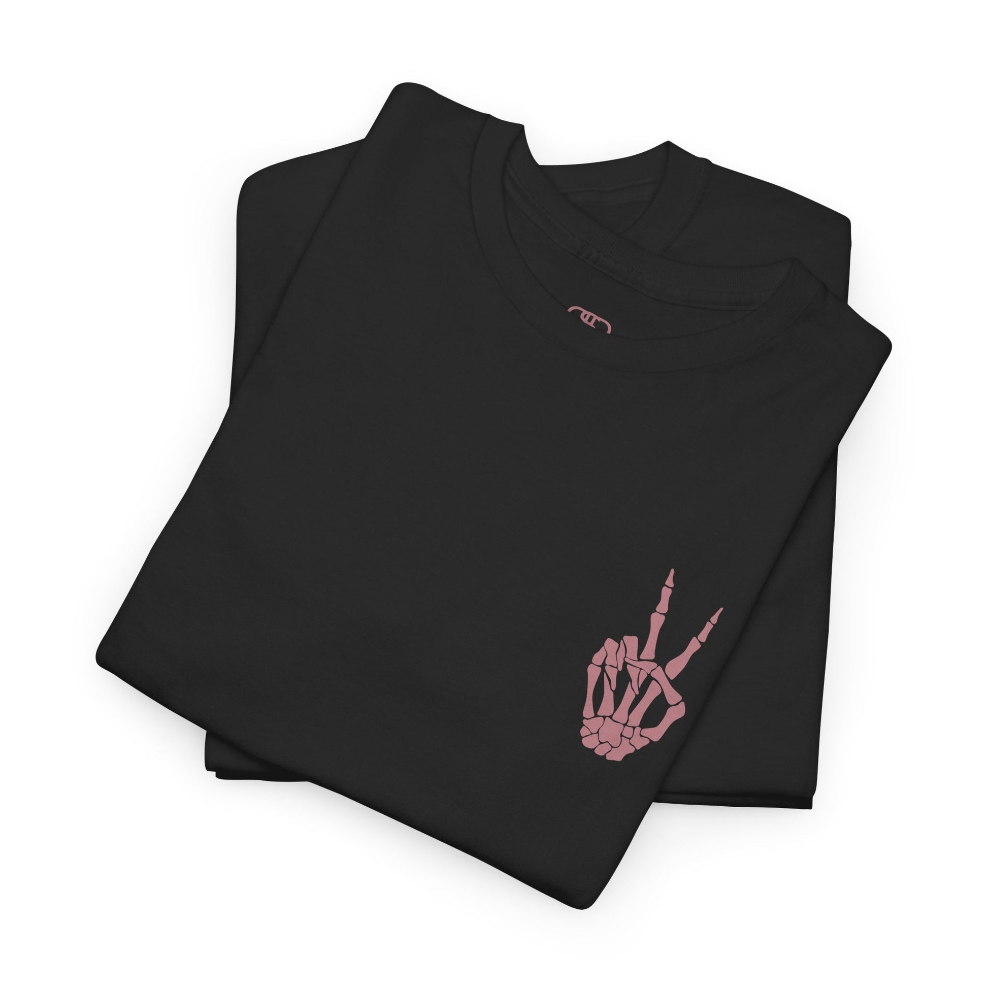 A [folded back] t-shirt with a skeletal peace sign on the front and the phrase “Have the day you deserve” with a large skeletal peace sign on the back.