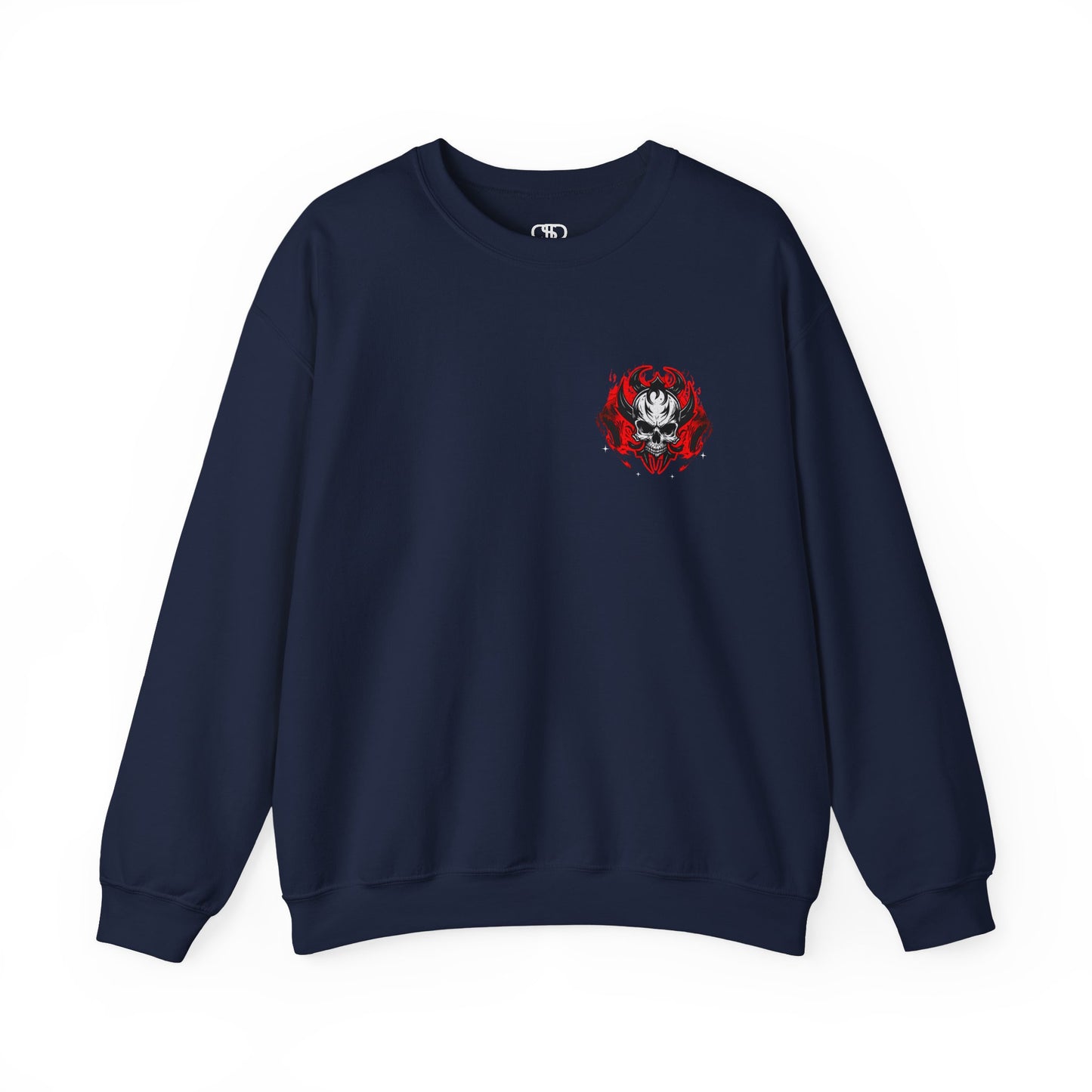 A Navy Sweater with a gothic skull design, red ghostly aura, and "Ego Death" text for spiritual rebirth.