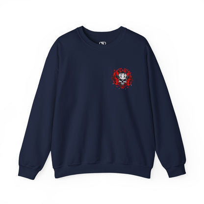 A Navy Sweater with a gothic skull design, red ghostly aura, and "Ego Death" text for spiritual rebirth.