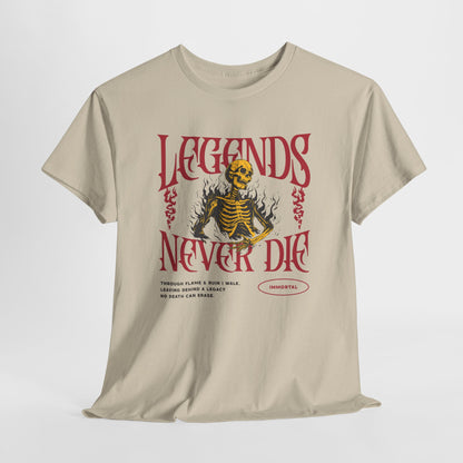 Legends Never Die T-Shirt | Immortal Flaming Skeleton Graphic Tee