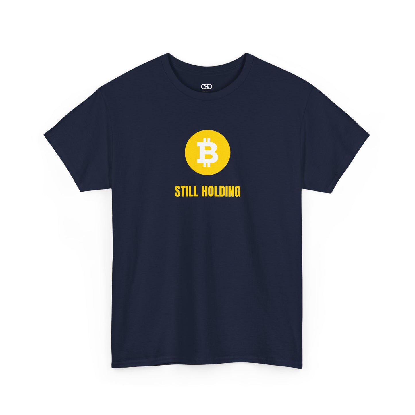  T-shirt with a Bitcoin emblem and "Still Holding" text in gold.