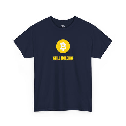  T-shirt with a Bitcoin emblem and "Still Holding" text in gold.