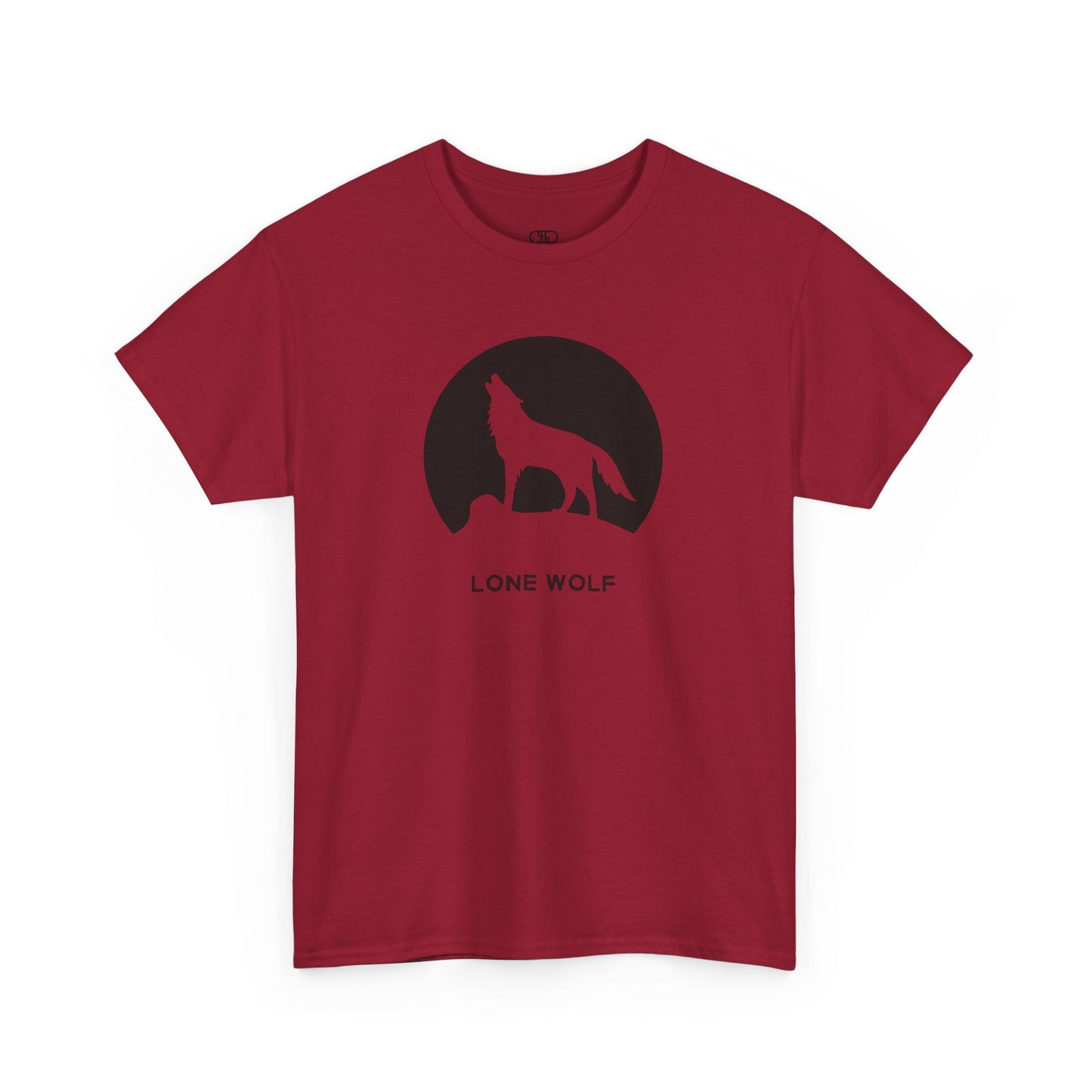 Graphic t-shirt with a black silhouette of a wolf howling on a mountain peak, with the words 'lone wolf' underneath.