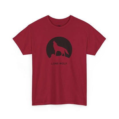 Graphic t-shirt with a black silhouette of a wolf howling on a mountain peak, with the words 'lone wolf' underneath.