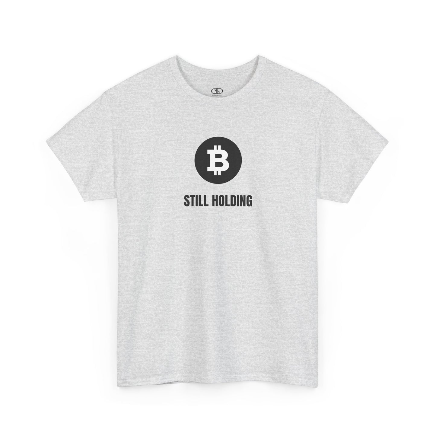 An Ash gray T-shirt with a Bitcoin emblem and "Still Holding" text in black.