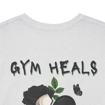 "Gym Heals" Broken Heart Skull Rose Tee in Black