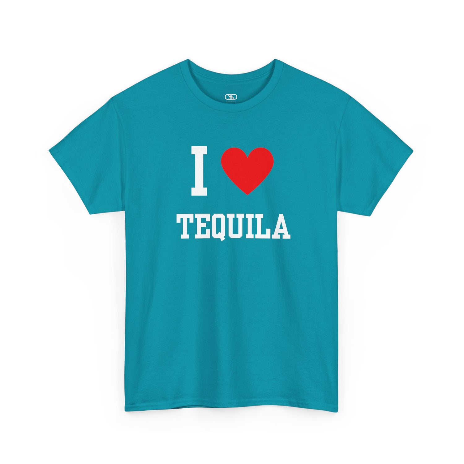 A t-shirt displaying the iconic "I Love" design, with the text "I," followed by a red heart symbol, and the word "Tequila" printed underneath.