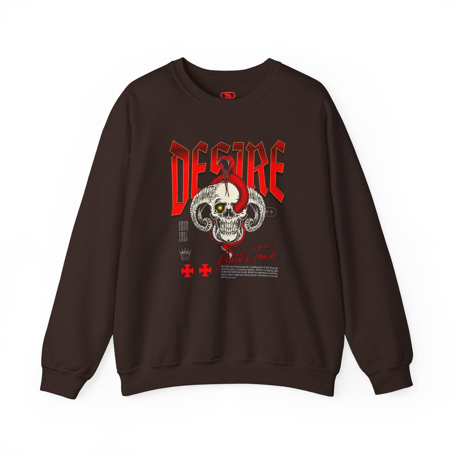 A dark brown sweatshirt Horned skull with glowing eye and red snake wrapped around it, "Desire Death's Touch" text, gothic sweatshirt design.