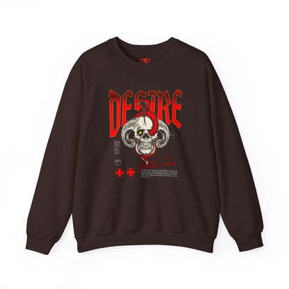 A dark brown sweatshirt Horned skull with glowing eye and red snake wrapped around it, "Desire Death's Touch" text, gothic sweatshirt design.