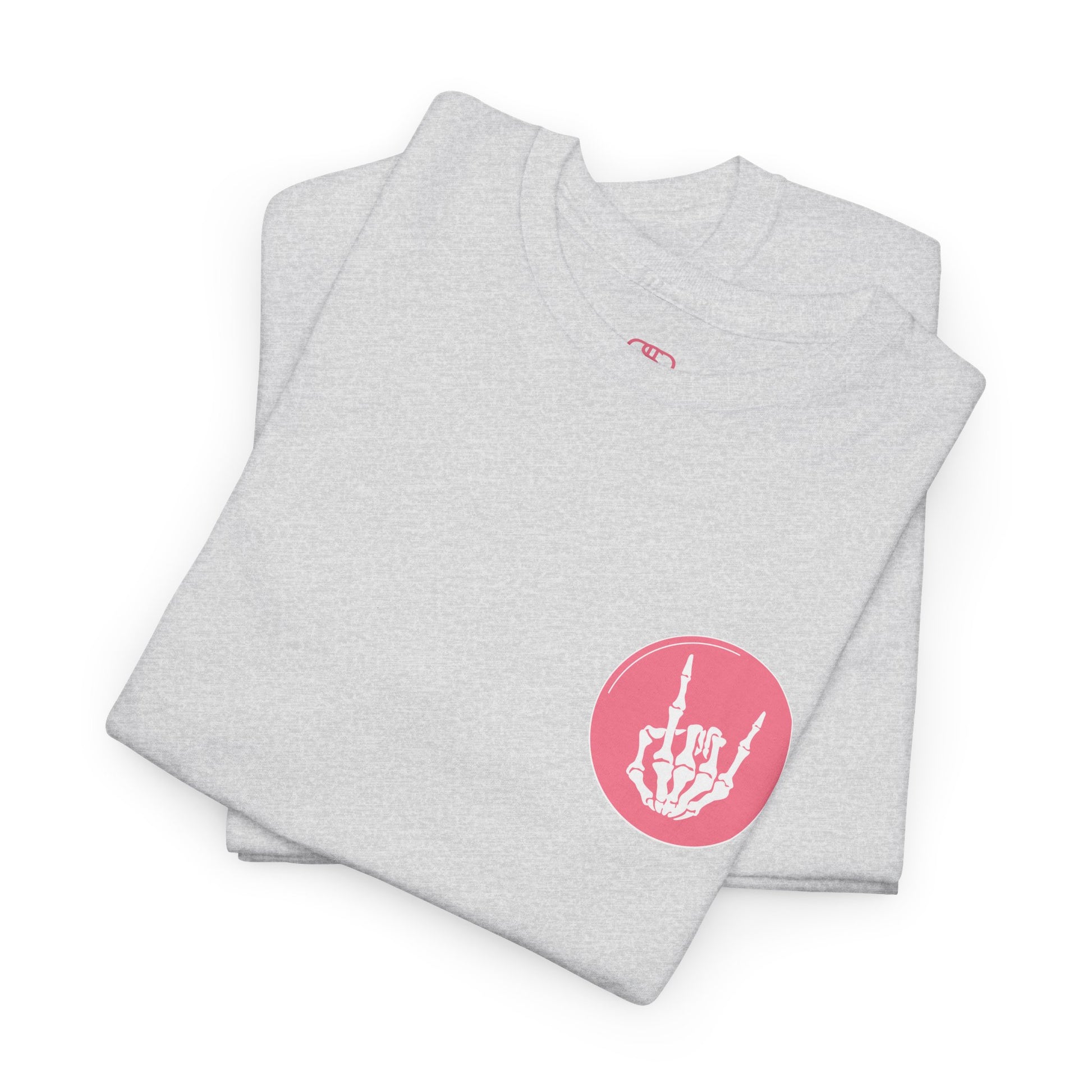 A folded ash gray t-shirt with a skeletal hand in a bubble on the front and the phrase “Sorry you’re intimidated by my resting Bitch ace I’m actually a fucking delight” on the back.