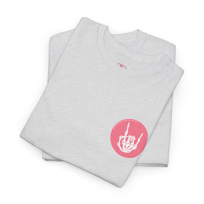 A folded ash gray t-shirt with a skeletal hand in a bubble on the front and the phrase “Sorry you’re intimidated by my resting Bitch ace I’m actually a fucking delight” on the back.