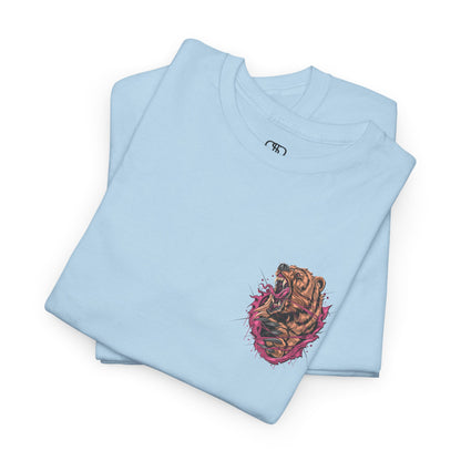 A light blue T-shirt with a graphic of a raging bear ripping through the fabric, growling, with claws out and red eyes.