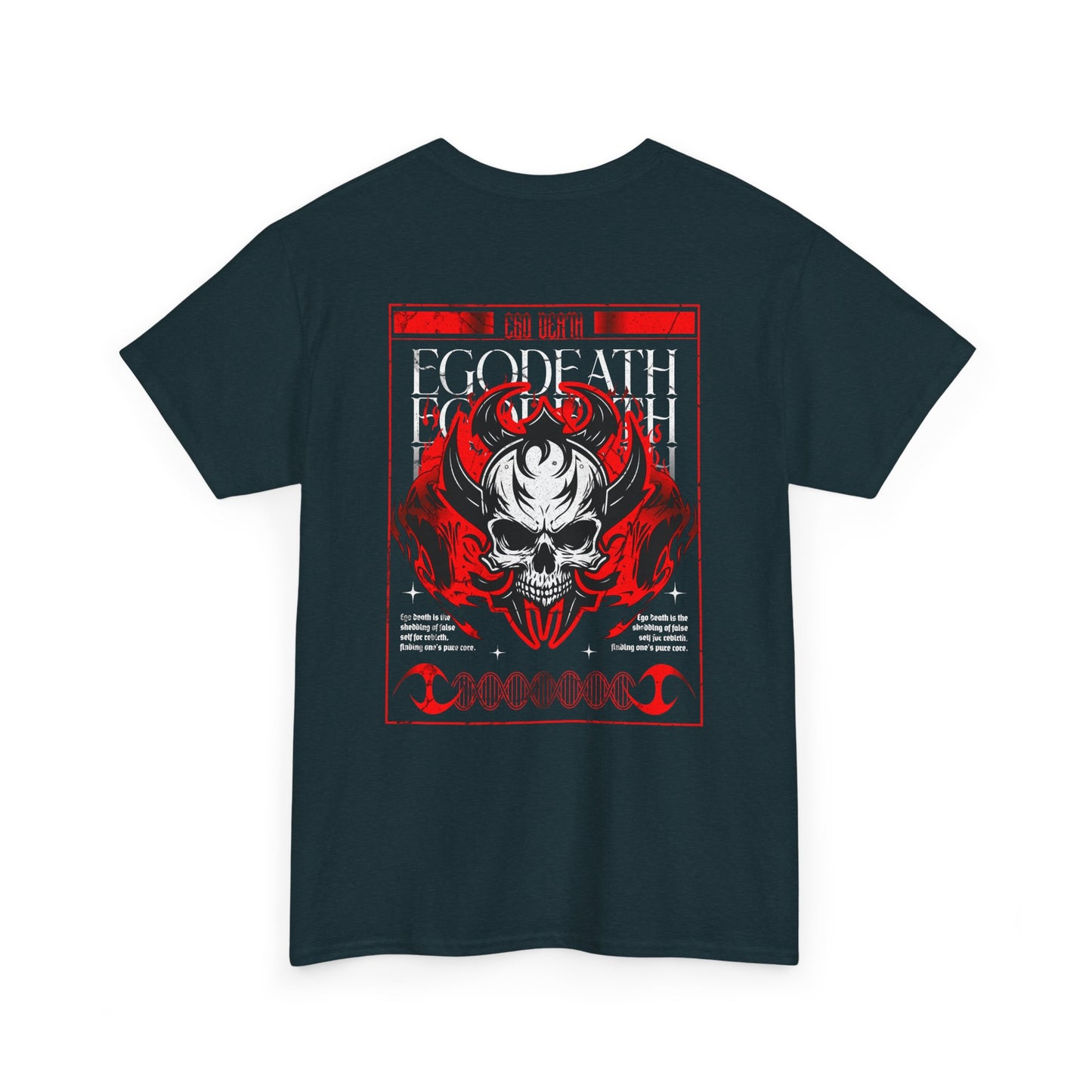 A midnight t-shirt with a gothic skull design, red ghostly aura, and "Ego Death" text for spiritual rebirth.