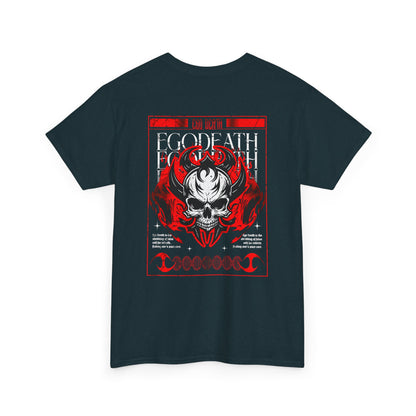 A midnight t-shirt with a gothic skull design, red ghostly aura, and "Ego Death" text for spiritual rebirth.