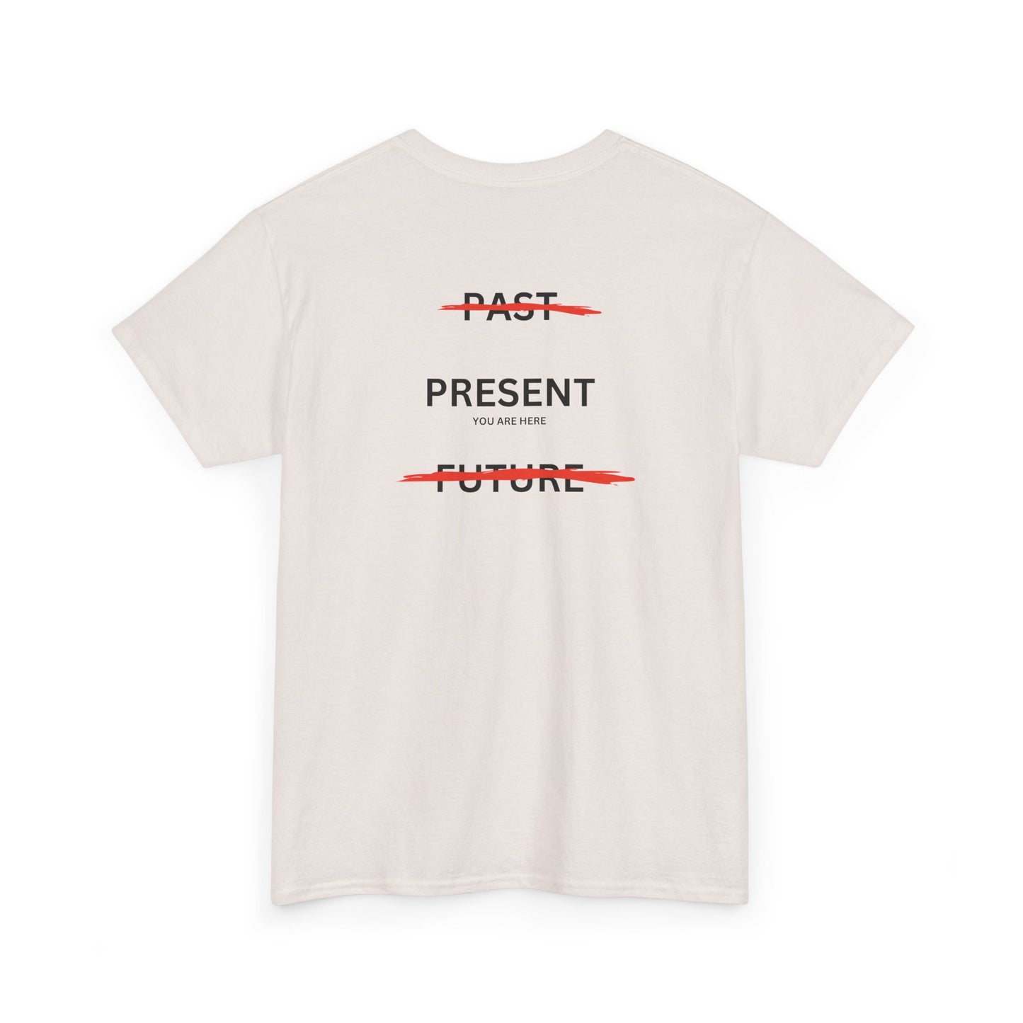  Back of a t-shirt with a design illustrating the importance of the present: the word 'Past' is crossed out, followed by 'Present' and the phrase 'you are here', and finally the word 'Future' is also crossed out.