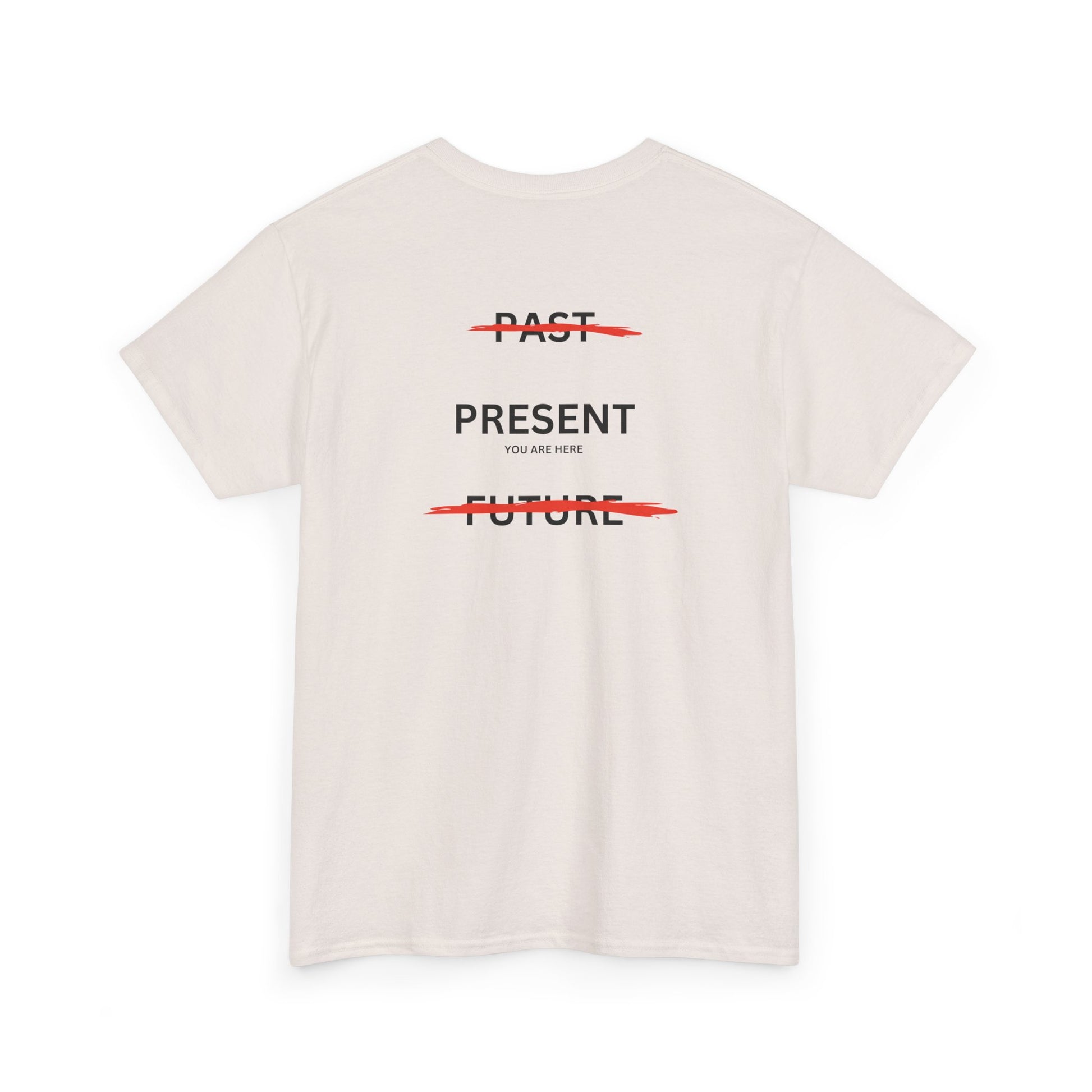  Back of a t-shirt with a design illustrating the importance of the present: the word 'Past' is crossed out, followed by 'Present' and the phrase 'you are here', and finally the word 'Future' is also crossed out.
