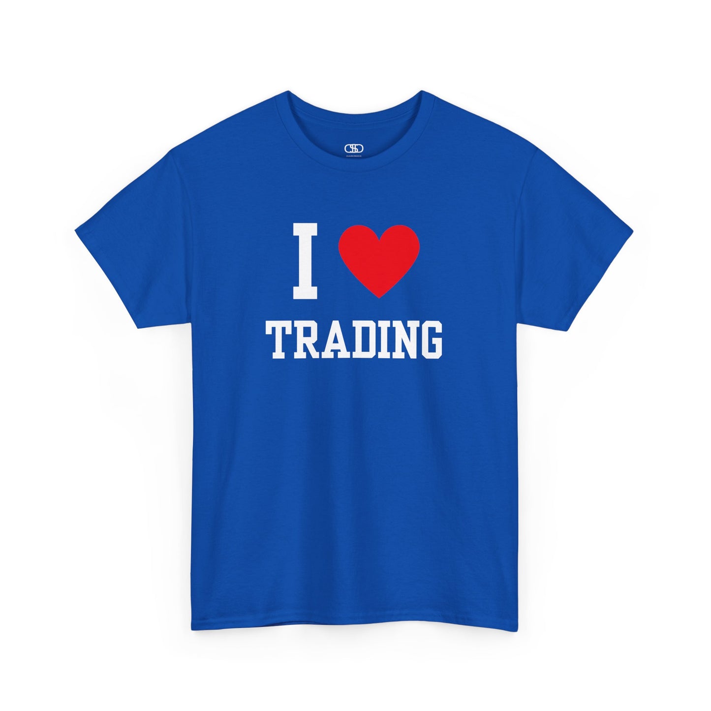 A minimalist royal blue t-shirt featuring the "I Love  design with the text "I," a red heart symbol, and the word "Trading" underneath.