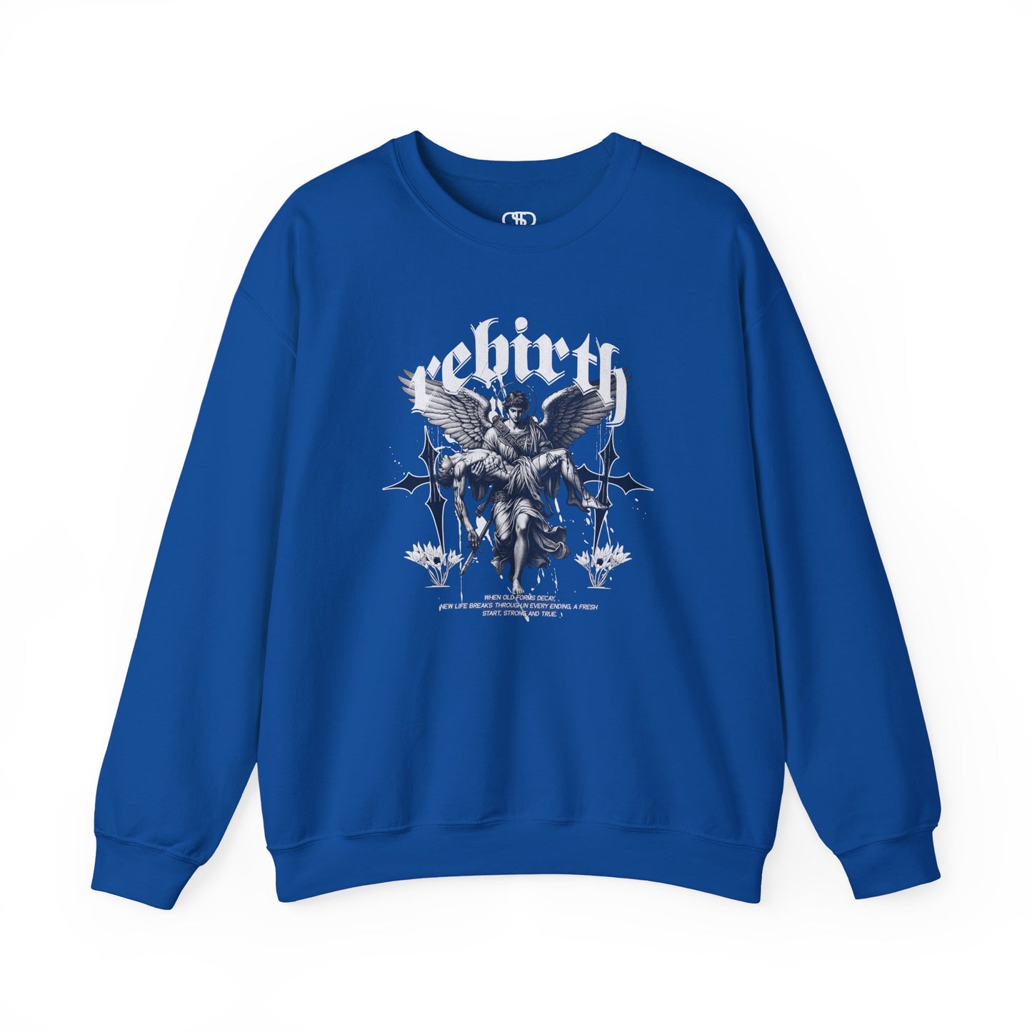 A Royal Blue Sweater featuring an Angel carrying a figure with "Rebirth" text, white and black gothic spiritual art apparel.