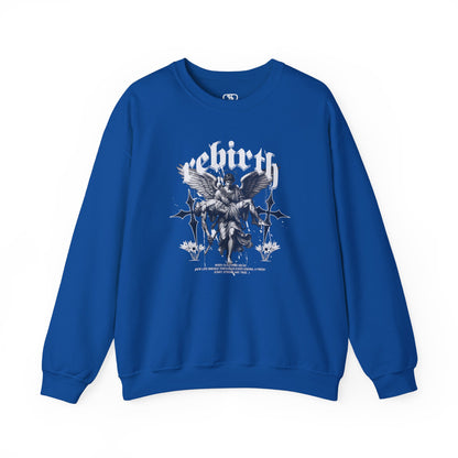 A Royal Blue Sweater featuring an Angel carrying a figure with "Rebirth" text, white and black gothic spiritual art apparel.