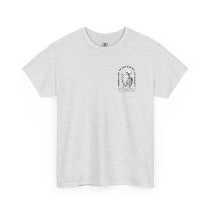 An [Ash gray] t-shirt with a central skeleton and rose design and the words “Perfection is the enemy of progress” and “Bloom” on the front.