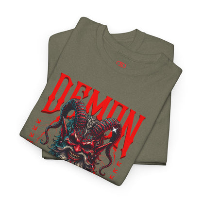 A folded heather military green t-shirt featuring a Red horned demon head with "Demon Wrath" text and lightning, gothic horror t-shirt design