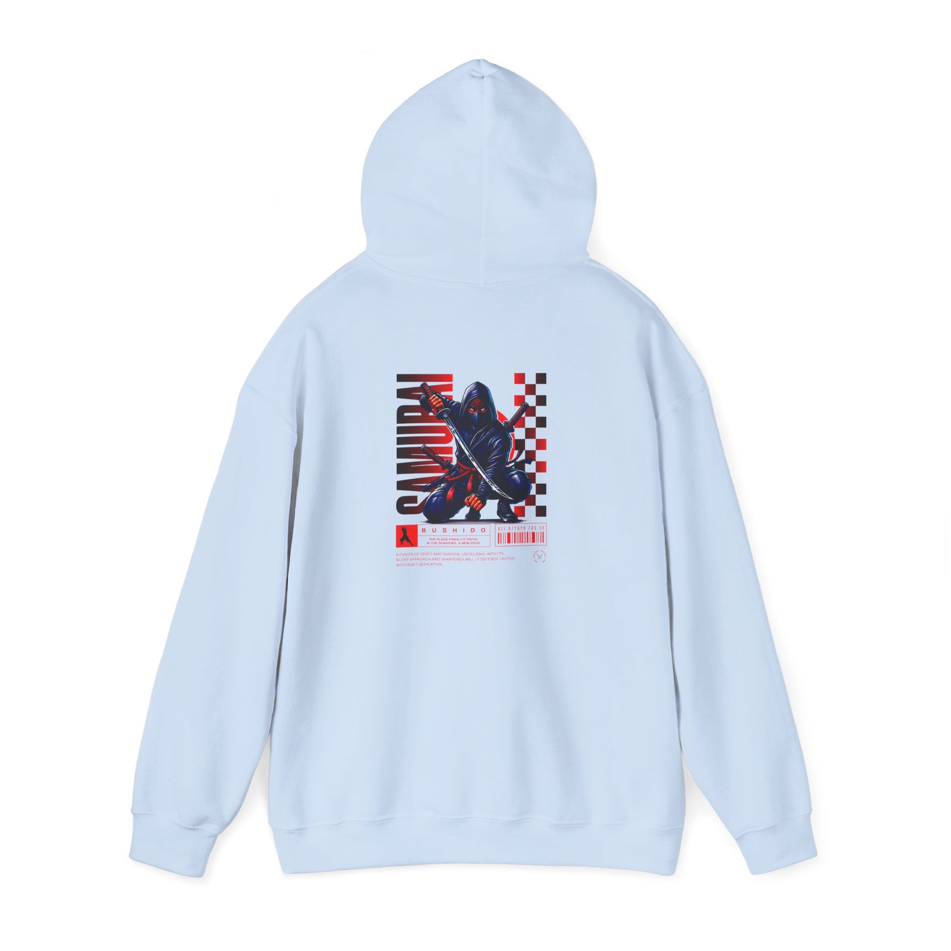 A light blue hoodie featuring a Crouching ninja with two katanas and "Bushido" text, red and black Japanese-inspired hoodie design.