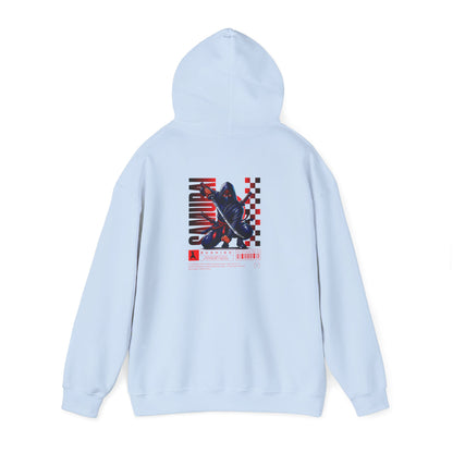 A light blue hoodie featuring a Crouching ninja with two katanas and "Bushido" text, red and black Japanese-inspired hoodie design.