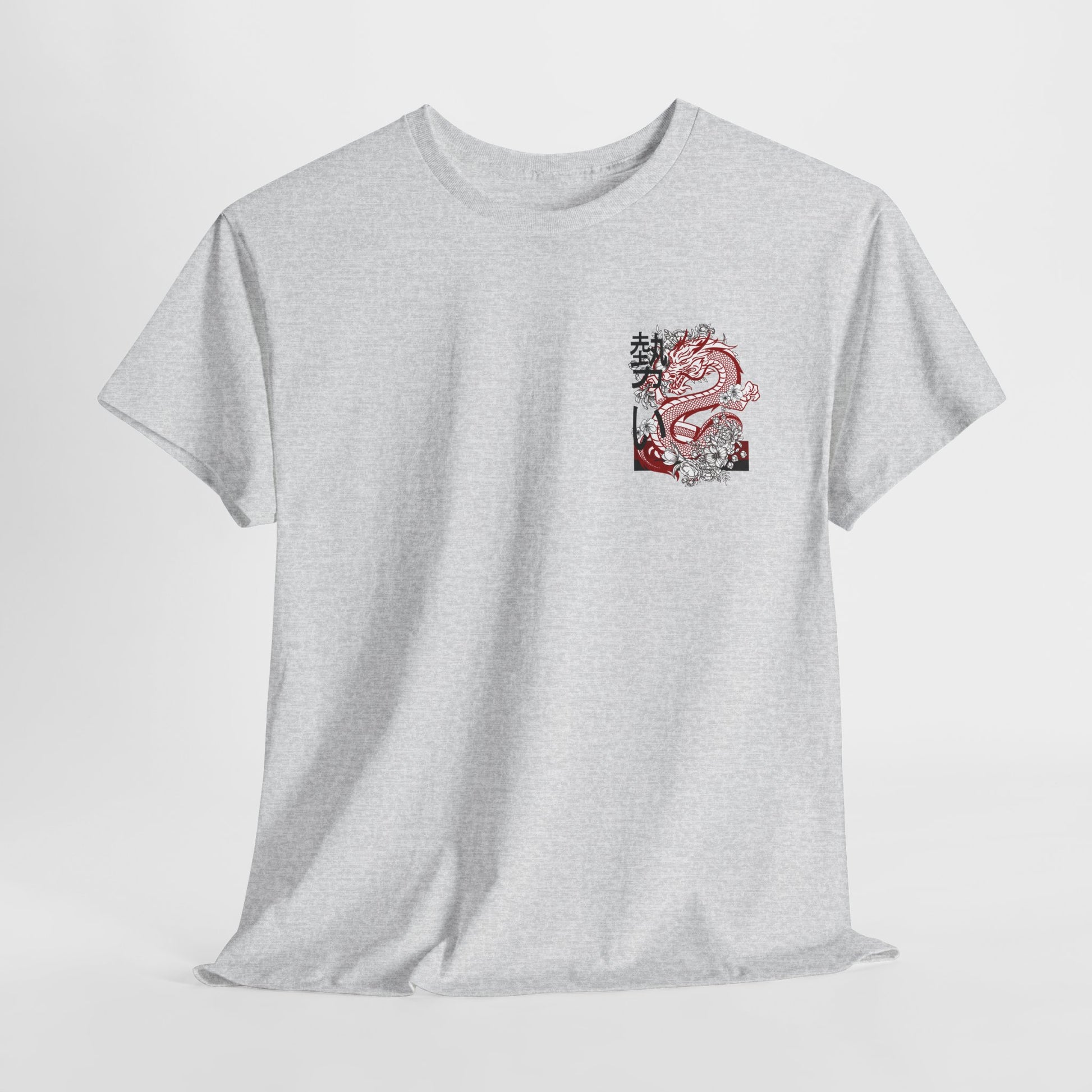  Front of a t-shirt featuring a fierce, stylized dragon in red, black, and white on the left chest area.