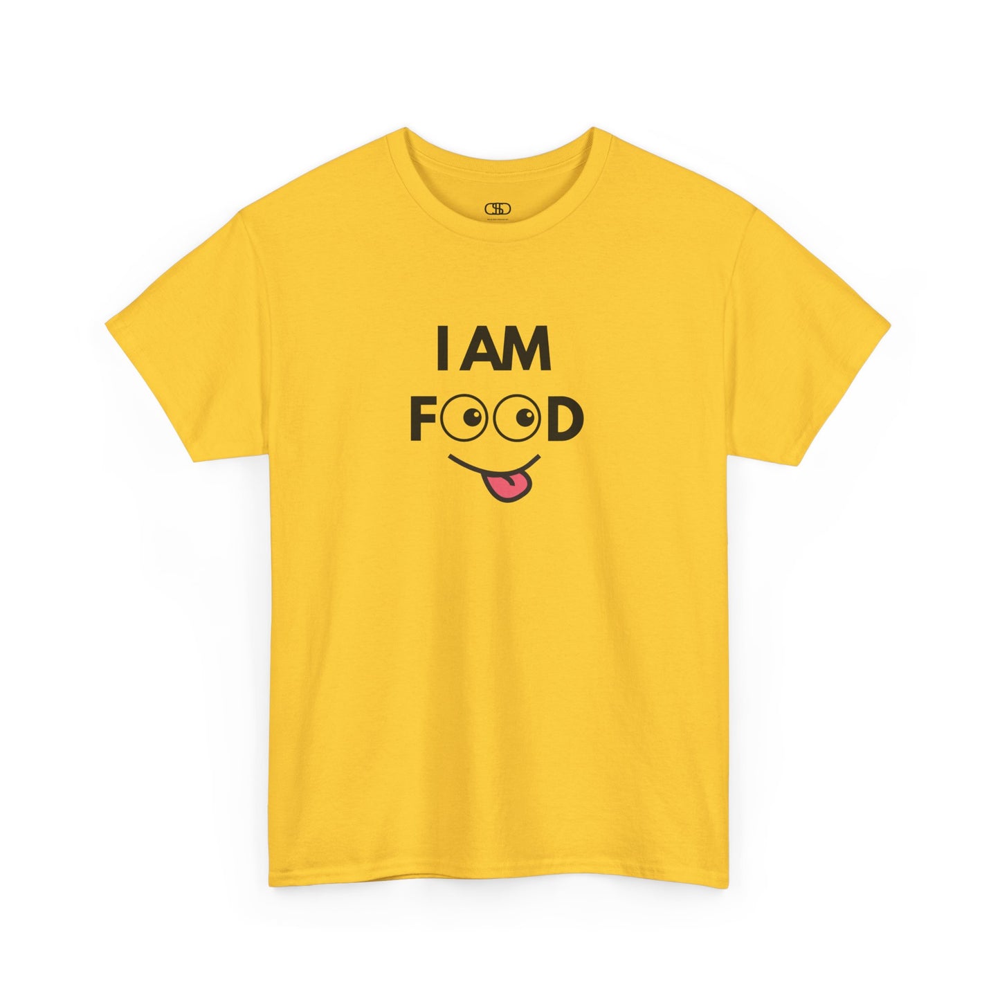 A daisy Yellow T-shirt with "I AM FOOD" text, where the 'OO' are cartoon eyes, and a tongue-out graphic.