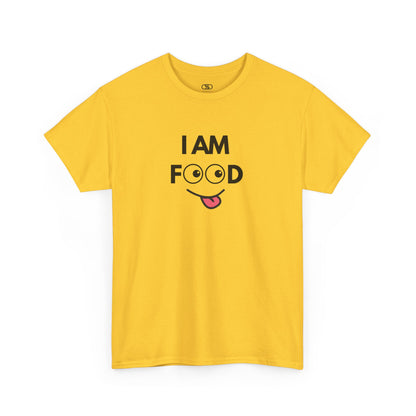 A daisy Yellow T-shirt with "I AM FOOD" text, where the 'OO' are cartoon eyes, and a tongue-out graphic.