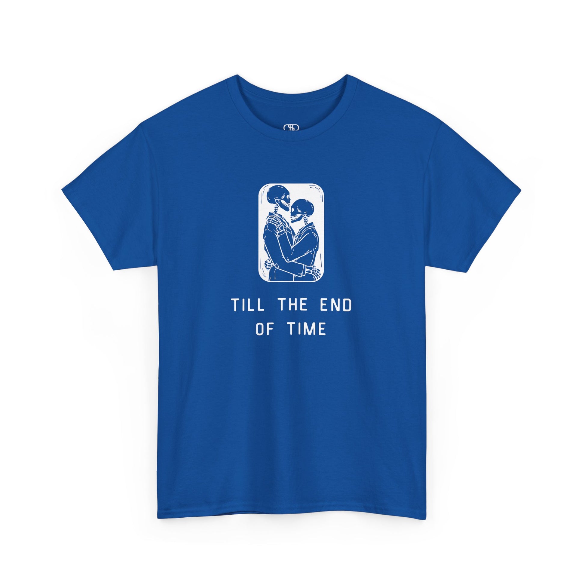 A t-shirt featuring a detailed print of two skeletons embracing in a hug with the text 'till the end of time' below them.