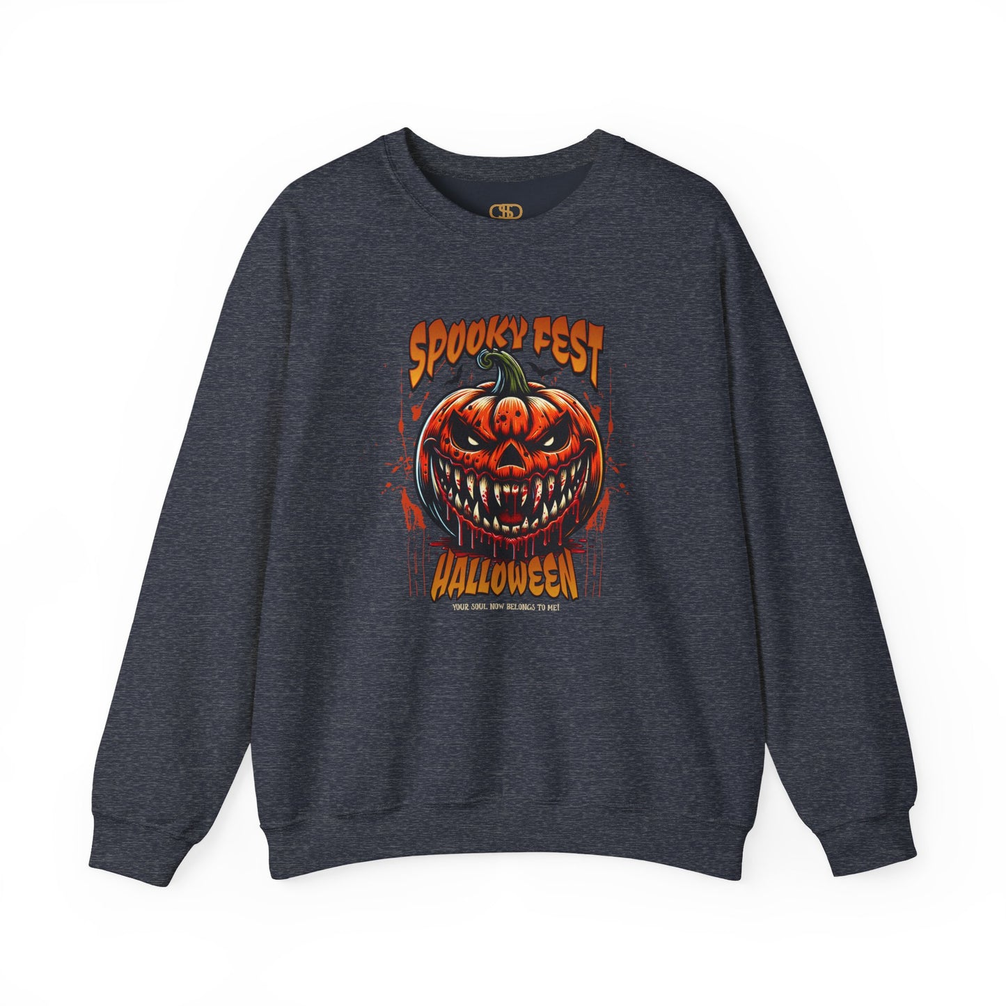 A sweater featuring a Scary fanged jack-o'-lantern with "Spooky Fest Halloween Your Soul Now Belongs To Me!" text, orange and black horror sweatshirt.