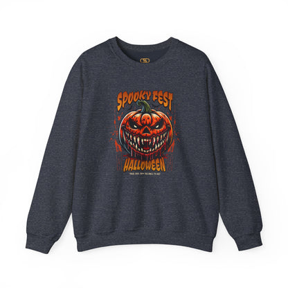 A sweater featuring a Scary fanged jack-o'-lantern with "Spooky Fest Halloween Your Soul Now Belongs To Me!" text, orange and black horror sweatshirt.