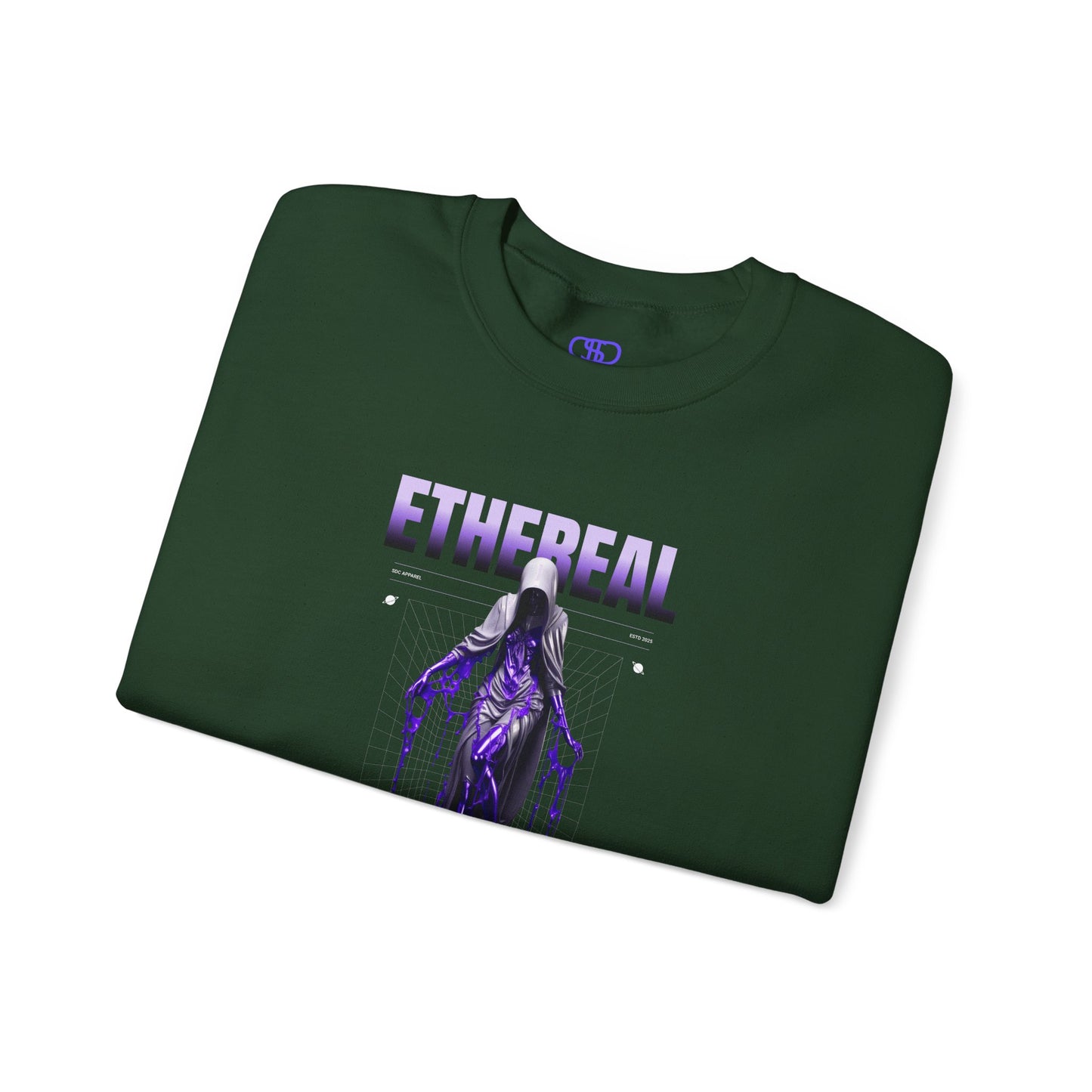 A folded forest green sweater with a glowing purple ethereal ghostly figure in a robe, surrounded by mystic violet liquid and "Ethereal" text.