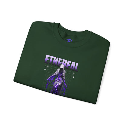 A folded forest green sweater with a glowing purple ethereal ghostly figure in a robe, surrounded by mystic violet liquid and "Ethereal" text.