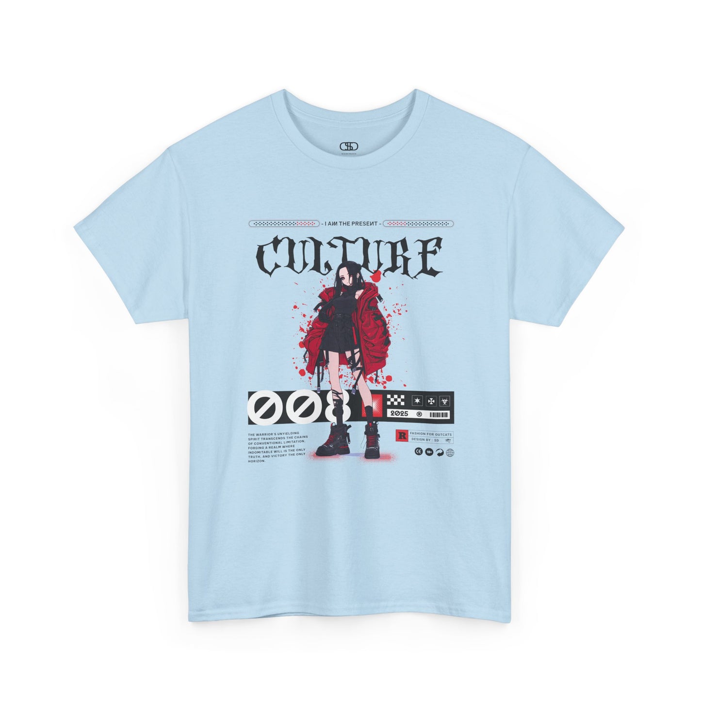 A light Blue T-shirt with a futuristic female anime character, "I Am The Present" and "Culture" text, and an inspirational memo.