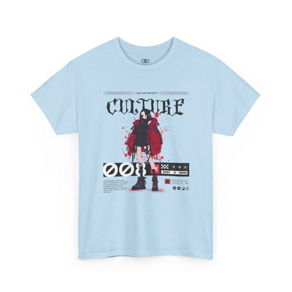 A light Blue T-shirt with a futuristic female anime character, "I Am The Present" and "Culture" text, and an inspirational memo.