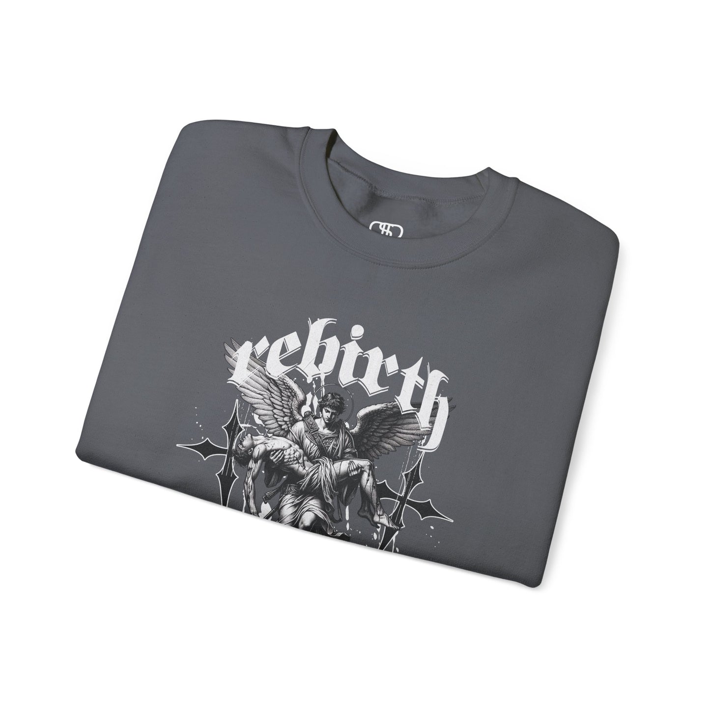 A Folded Charcoal Sweater featuring an Angel carrying a figure with "Rebirth" text, white and black gothic spiritual art apparel.
